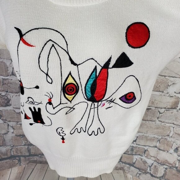 Vintage  80s Embroidered Abstract Line Art Scoop Neck Sweater Measures Medium - Picture 2 of 15